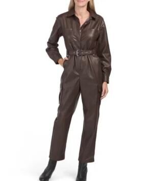 7 For All Mankind Faux Leather Brown Belted Cargo Jumpsuit Utility Romper Large